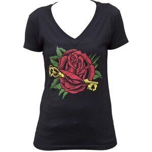 Discontinued!! Women's Ruby Rose Tattoo Art Black V-neck Tee S M L XL NWT